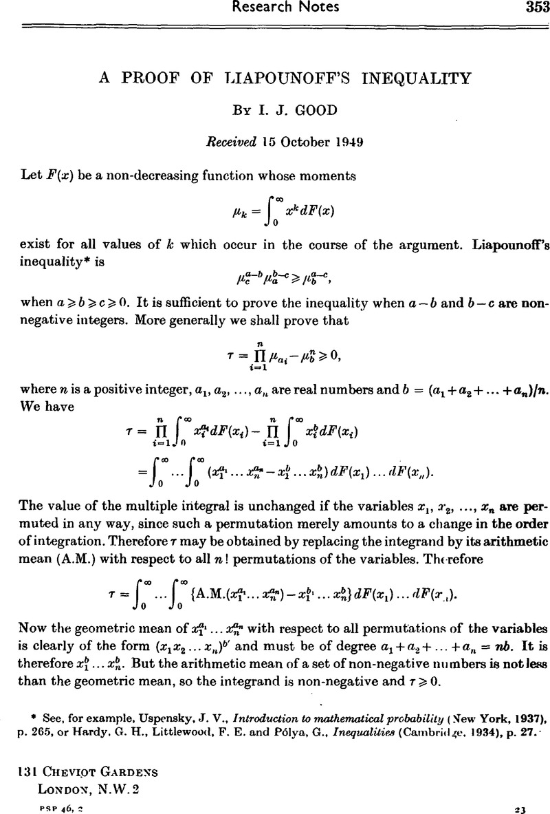 A Proof Of Liapounoff S Inequality Mathematical Proceedings Of The Cambridge Philosophical Society Cambridge Core