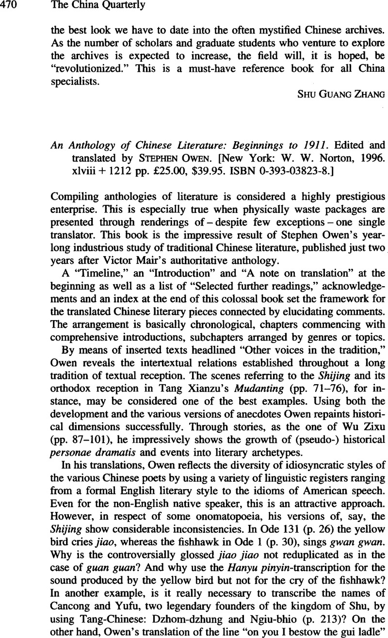 An Anthology Of Chinese Literature Beginnings To 1911 Edited And Translated By Owen Stephen New York W W Norton 1996 Xlviii 1212 Pp 25 00 39 95 Isbn0 393 03823 8 The China Quarterly Cambridge Core