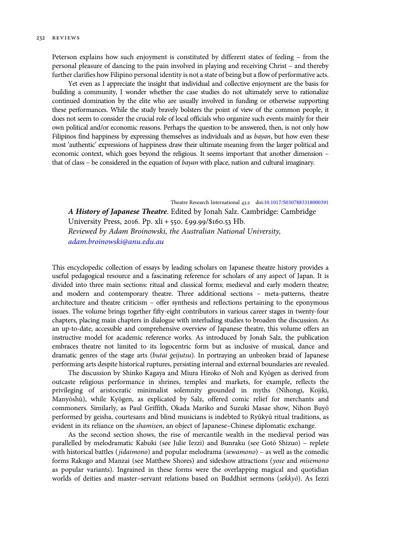 A History Of Japanese Theatre Edited By Jonah Salz Cambridge Cambridge University Press 16 Pp Xli 550 99 99 160 53 Hb Theatre Research International Cambridge Core