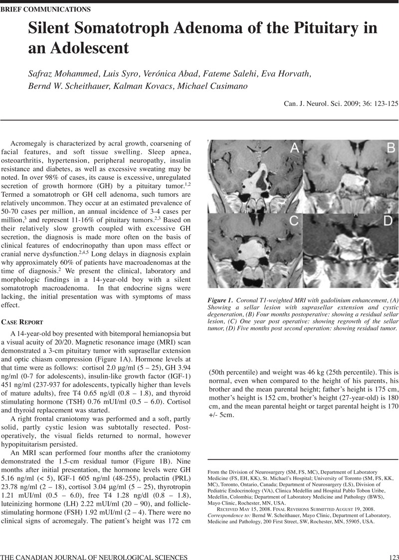 Silent Somatotroph Adenoma Of The Pituitary In An Adolescent Canadian Journal Of Neurological Sciences Cambridge Core