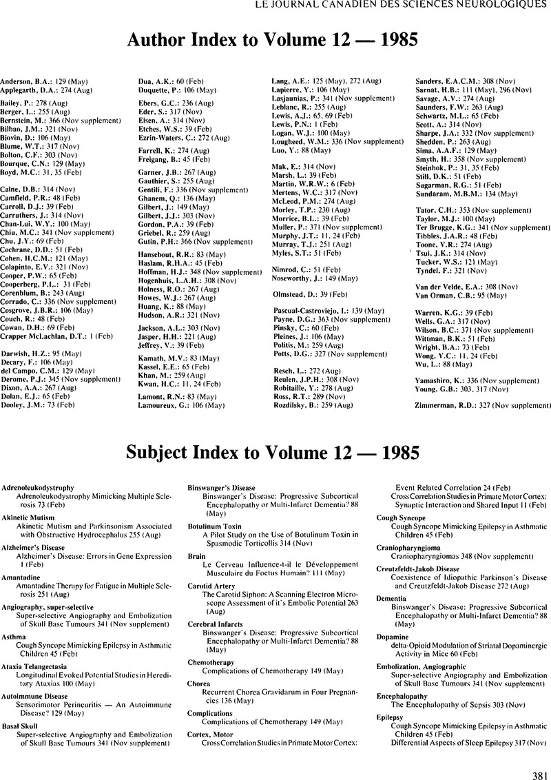 Index To Volume 12 Canadian Journal Of Neurological Sciences Cambridge Core