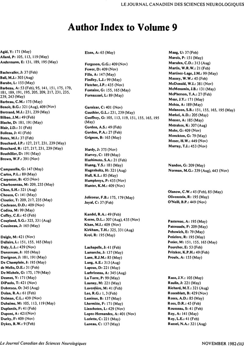 Author Index To Volume 9 Canadian Journal Of Neurological Sciences Cambridge Core