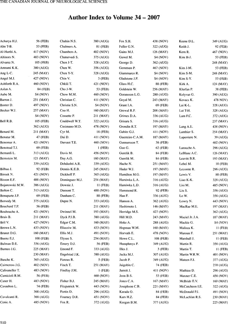 Author Index To Volume 34 07 Canadian Journal Of Neurological Sciences Cambridge Core