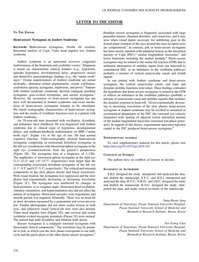 Hemi Seesaw Nystagmus In Joubert Syndrome Canadian Journal Of Neurological Sciences Cambridge Core