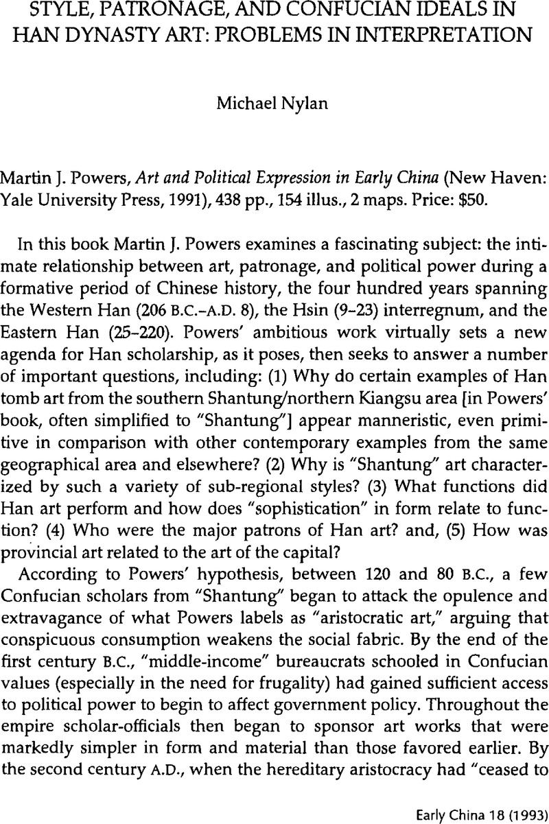 Style, Patronage, and Confucian Ideals in Han Dynasty Art: Problems in  Interpretation, Early China