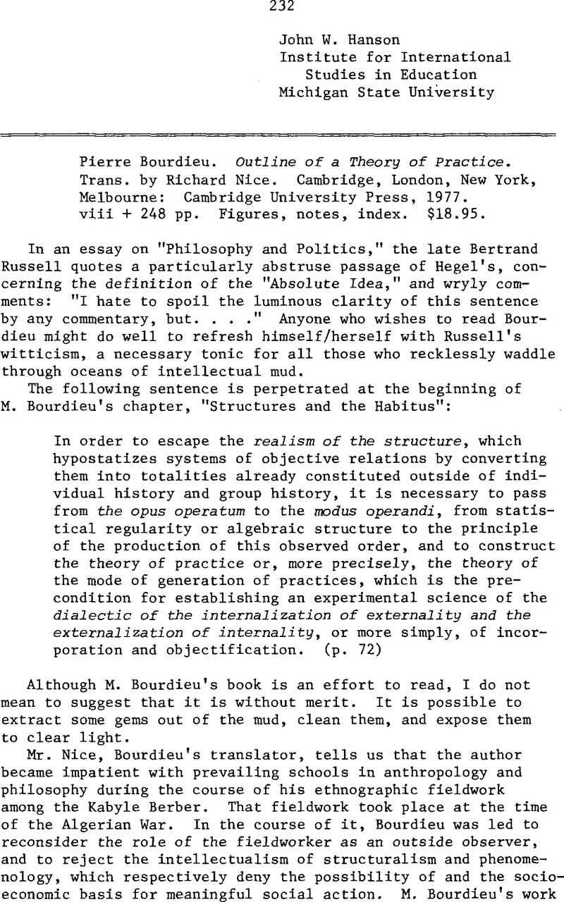 Pierre Bourdieu Outline Of A Theory Of Practice Trans By Richard Nice Cambridge London New York Melbourne Cambridge University Press 1977 Viii 248 Pp Figures Notes Index 18 95 Asa Review Of Books Cambridge Core