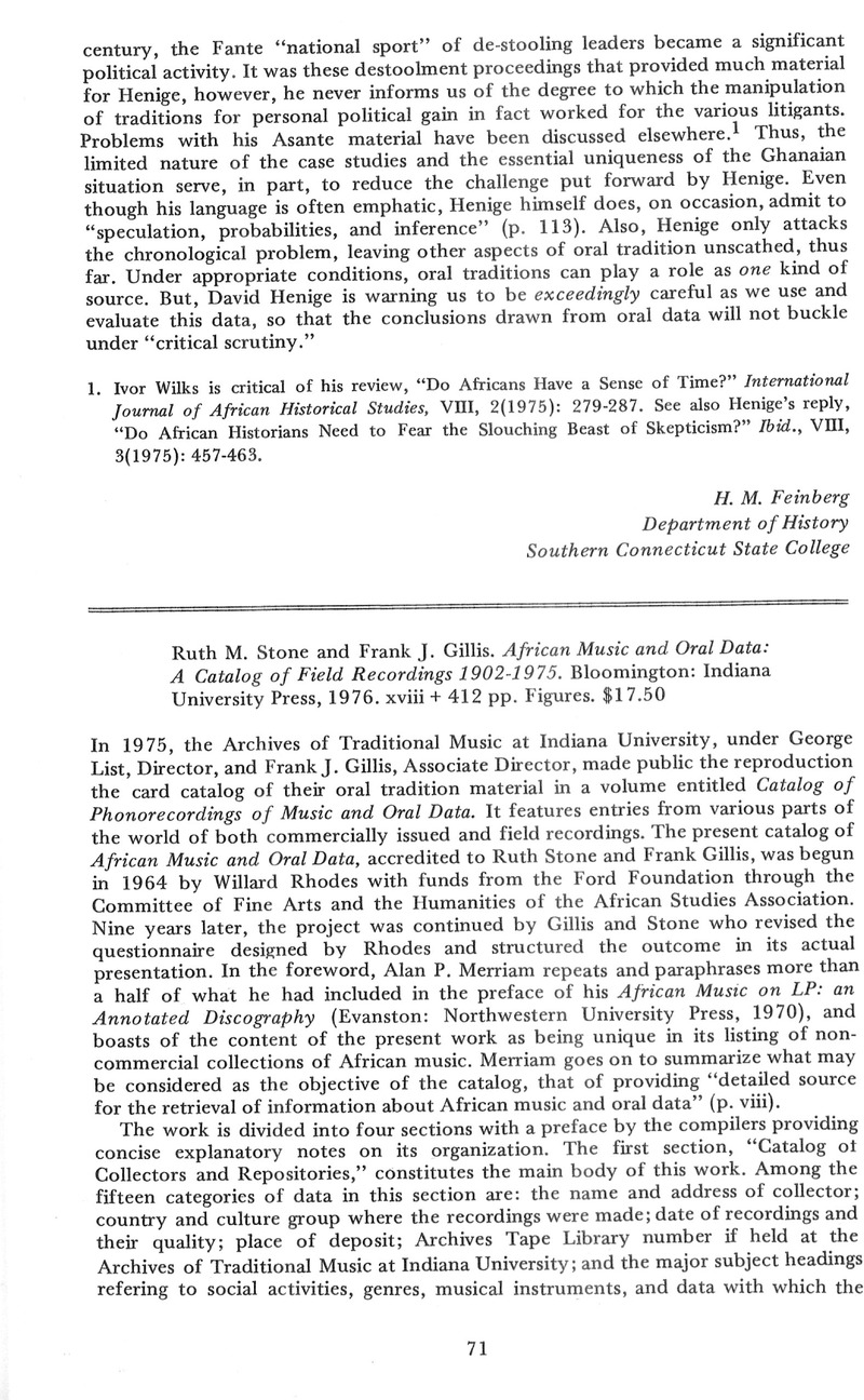 Ruth M. Stone and Frank J. Gillis. African Music and Oral Data: A Catalog  of Field Recordings 1902-1975. Bloomington: Indiana University Press, 1976.  xviii + 412 pp. Figures. $17.50, ASA Review of Books