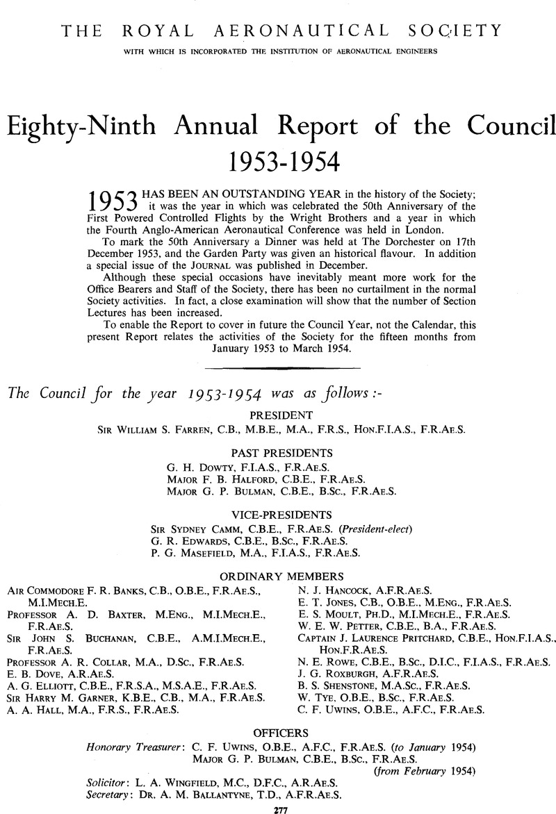 Eighty Ninth Annual Report Of The Council 1953 1954 The Aeronautical Journal Cambridge Core