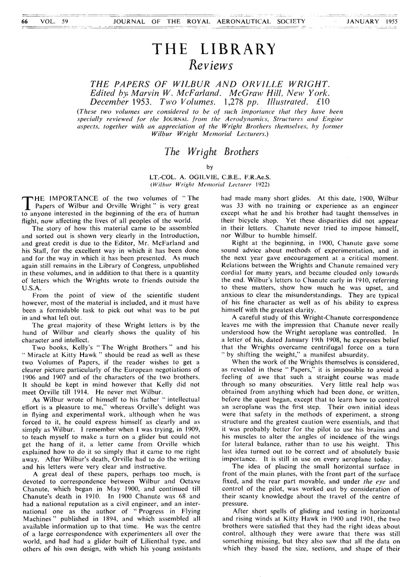 The Wright Brothers Lt Col A Ogilvie C B E F R Ae S Wilbur Wright Memorial Lecturer 1922 The Aeronautical Journal Cambridge Core