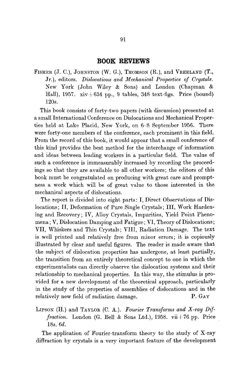 J C Fisher W G Johnston R Thomson And T Vreelandjr Editors Dislocations And Mechanical Properties Of Crystals New York John Wiley Sons And London Chapman Hall 1957 Xiv 634
