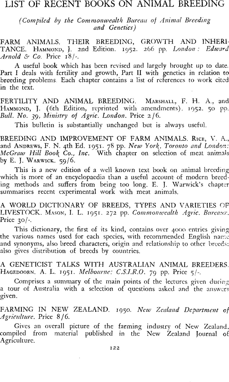 List of Recent Books on Animal Breeding | Proceedings of the British  Society of Animal Production | Cambridge Core