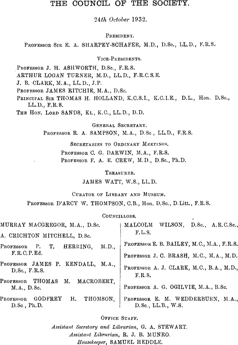 The Council Of The Society At October 24 1932 Proceedings Of The Royal Society Of Edinburgh Cambridge Core