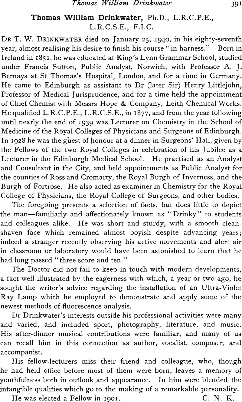 Thomas William Drinkwater, Ph.D., L.R.C.P.E., L.R.C.S.E., F.I.C. | Proceedings of the Society Edinburgh | Core