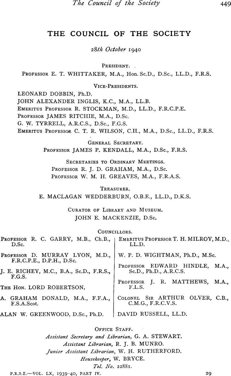 The Council Of The Society At October 28 1940 Proceedings Of The Royal Society Of Edinburgh Cambridge Core
