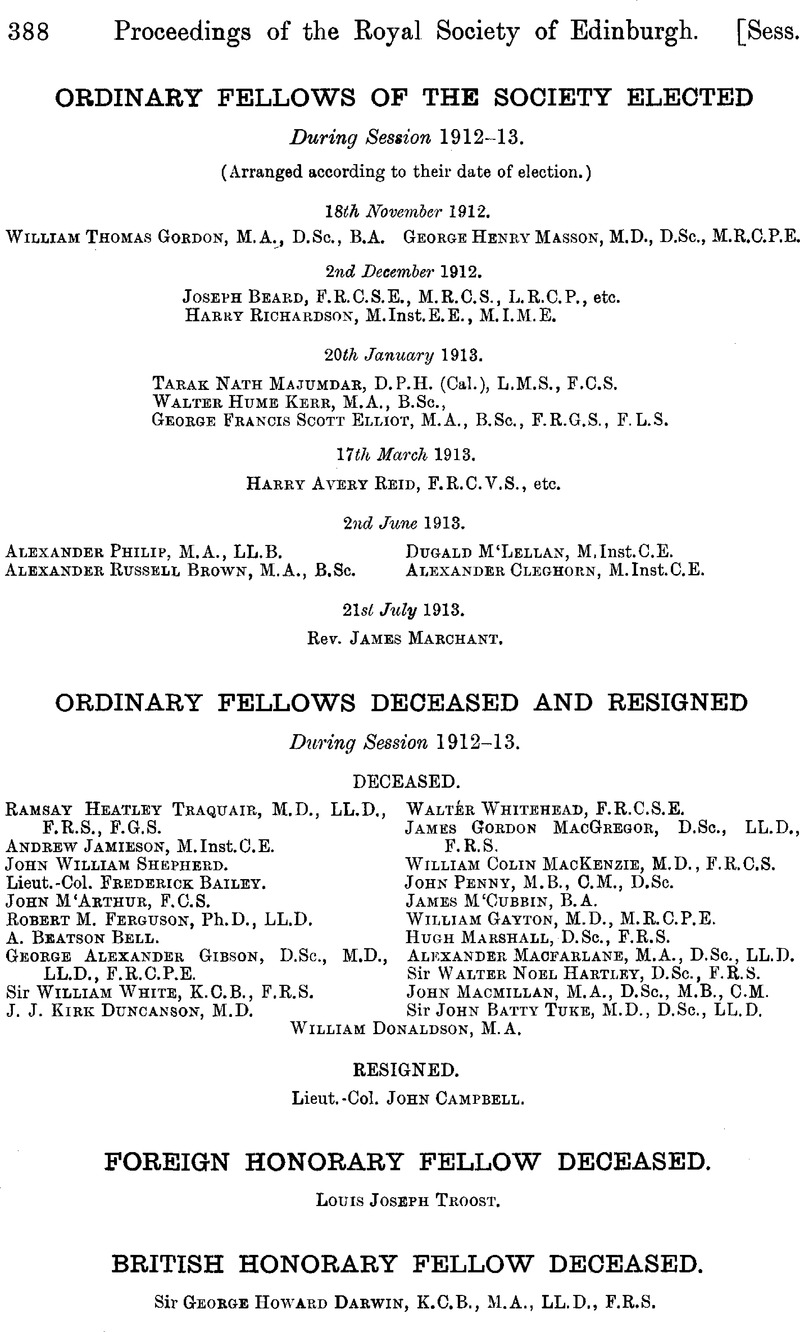 List Of Ordinary Fellows Of The Society Elected During Session 1912 1913 Proceedings Of The Royal Society Of Edinburgh Cambridge Core