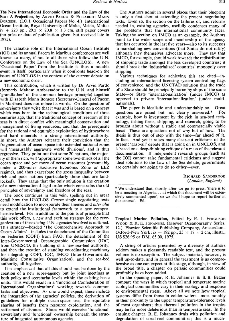 Tropical Marine Pollution Edited By E J Ferguson Wood R E Johannes Elsevier Oceanography Series 12 Elsevier Scientific Publishing Company Amsterdam Oxford New York Ix 192 Pp 25 17 2