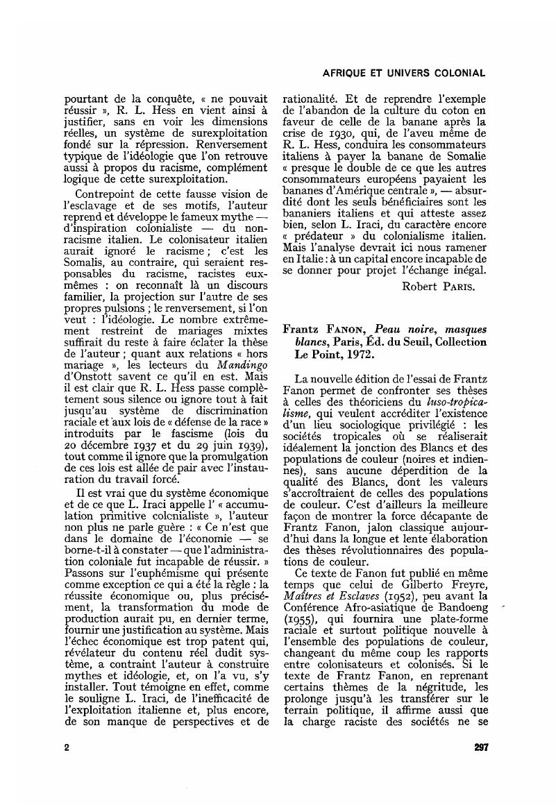 Frantz Fanon, Peau noire, masques blancs, Paris, Éd. du Seuil, Collection  Le Point, 1972., Annales. Histoire, Sciences Sociales