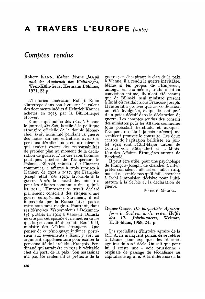 Robert Kann Kaiser Franz Joseph Und Der Ausbruch Des Weltkrieges Wien Koln Graz Hermann Boklaus 1971 23 P Annales Histoire Sciences Sociales Cambridge Core