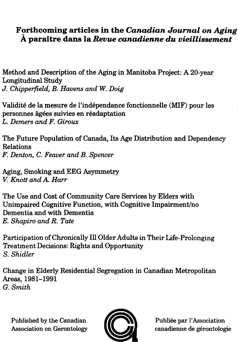 Cjg Volume 16 Issue 3 Cover And Back Matter Canadian Journal On Aging La Revue Canadienne Du Vieillissement Cambridge Core
