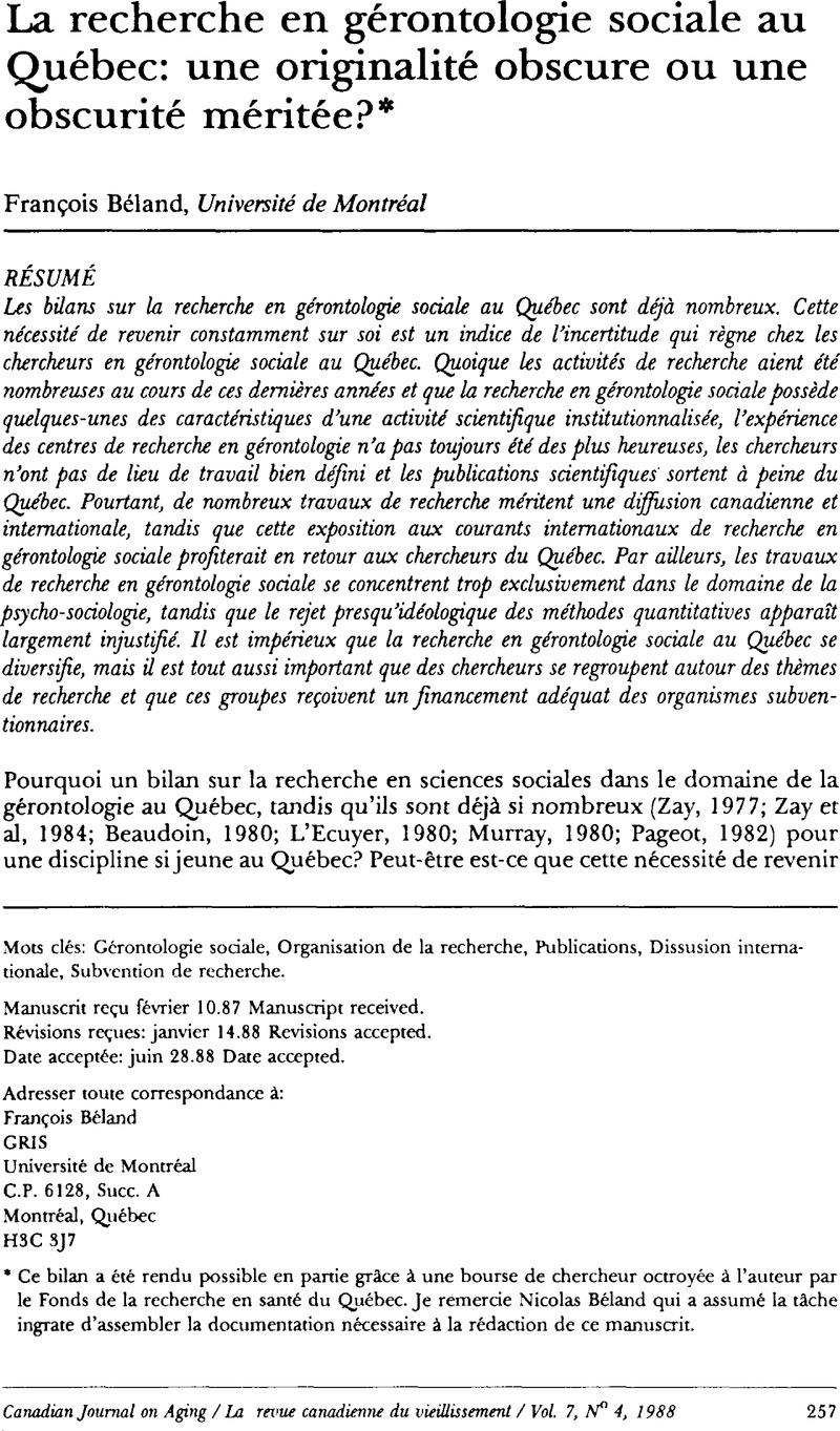 La Recherche En Gérontologie Sociale Au Québec Une - 