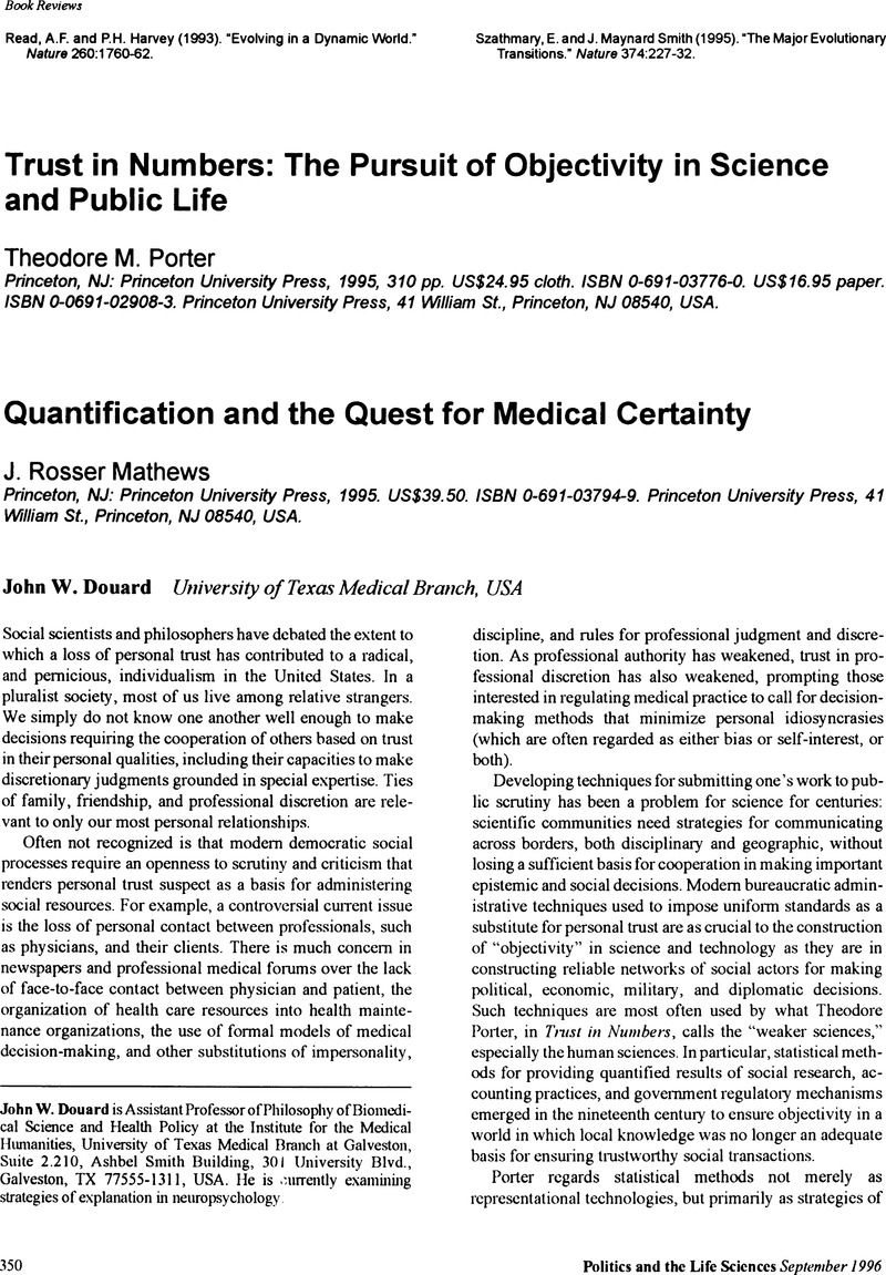 Trust In Numbers The Pursuit Of Objectivity In Science And Public Life Theodore M Porter Princeton Nj Princeton University Press 1995 310 Pp Us 24 95 Cloth Isbn 0 691 0 Us 16 95 Paper Isbn 0 0691 3 Princeton University Press