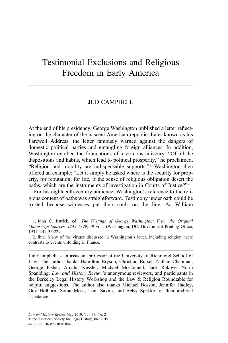 Testimonial Exclusions And Religious Freedom In Early - 