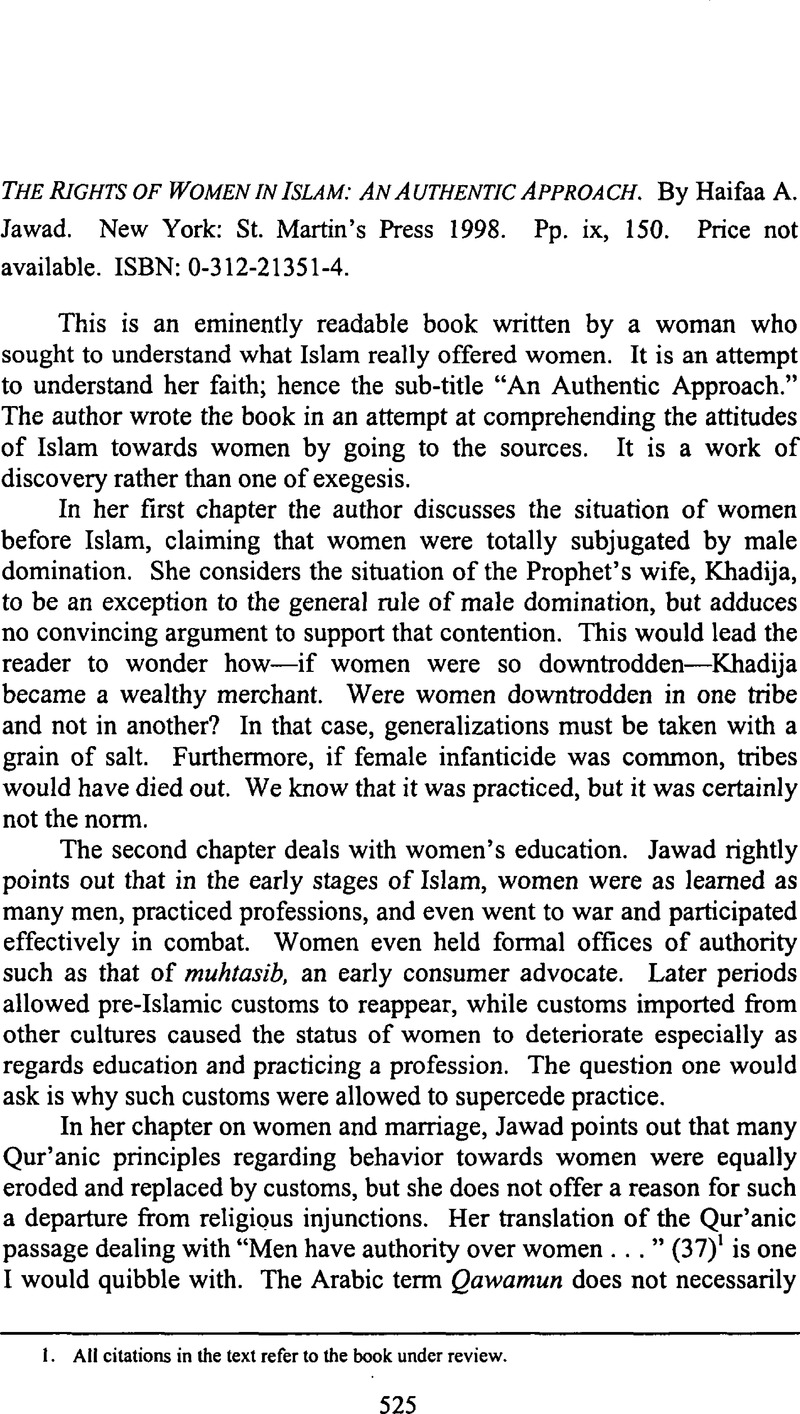 The Rights Of Women In Islam An Authentic Approach By Haifaa A Jawad New York St Martin S Press1998 Pp Ix 150 Price Not Available Isbn 0 312 4 Journal Of Law And Religion Cambridge Core