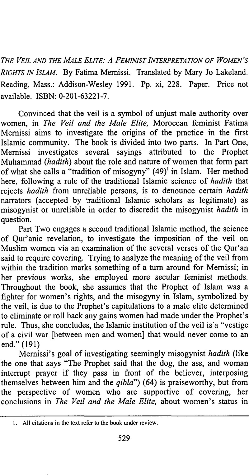 The Veil And The Male Elite A Feminist Interpretation Of Women S Rights In Islam By Fatima Mernissi Translated By Mary Jo Lakeland Reading Mass Addison Wesley1991 Pp Xi 228 Paper Price Not Available