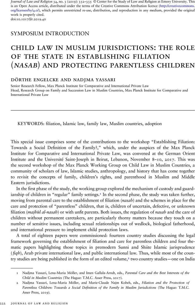 Child Law In Muslim Jurisdictions The Role Of The State In Establishing Filiation Nasab And Protecting Parentless Children Journal Of Law And Religion Cambridge Core