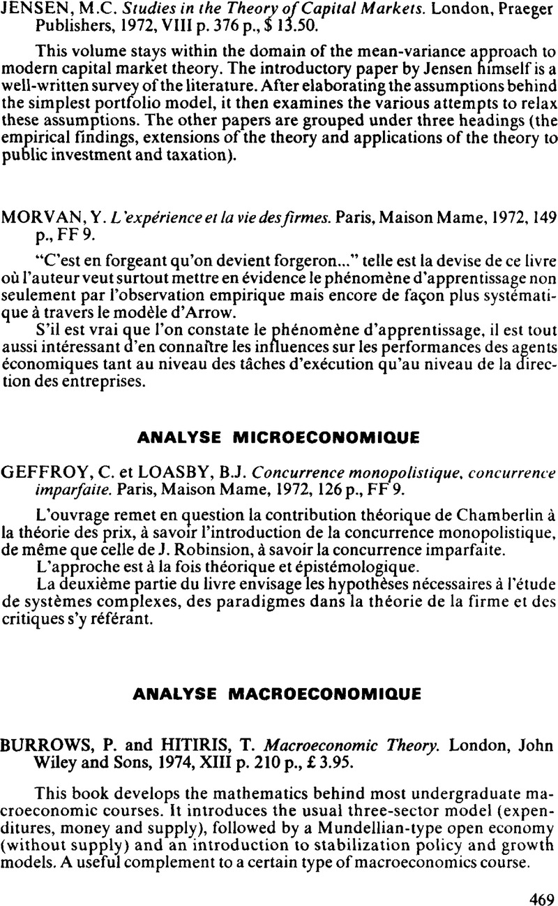 C Geffroy Et B J Loasby Concurrence Monopolistique Concurrence Imparfaite Paris Maison Mame 1972 126 P Ff 9 Recherches Economiques De Louvain Louvain Economic Review Cambridge Core