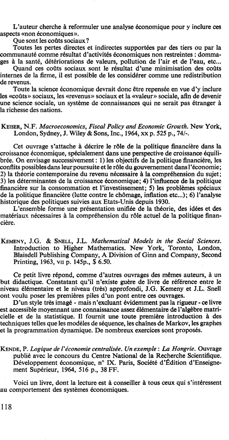 N F Keiser Macroeconomics Fiscal Policy And Economic Growth New York London Sydney J Wiley Sons Inc 1964 Xx P 525 P 74 Recherches Economiques De Louvain Louvain Economic Review Cambridge Core