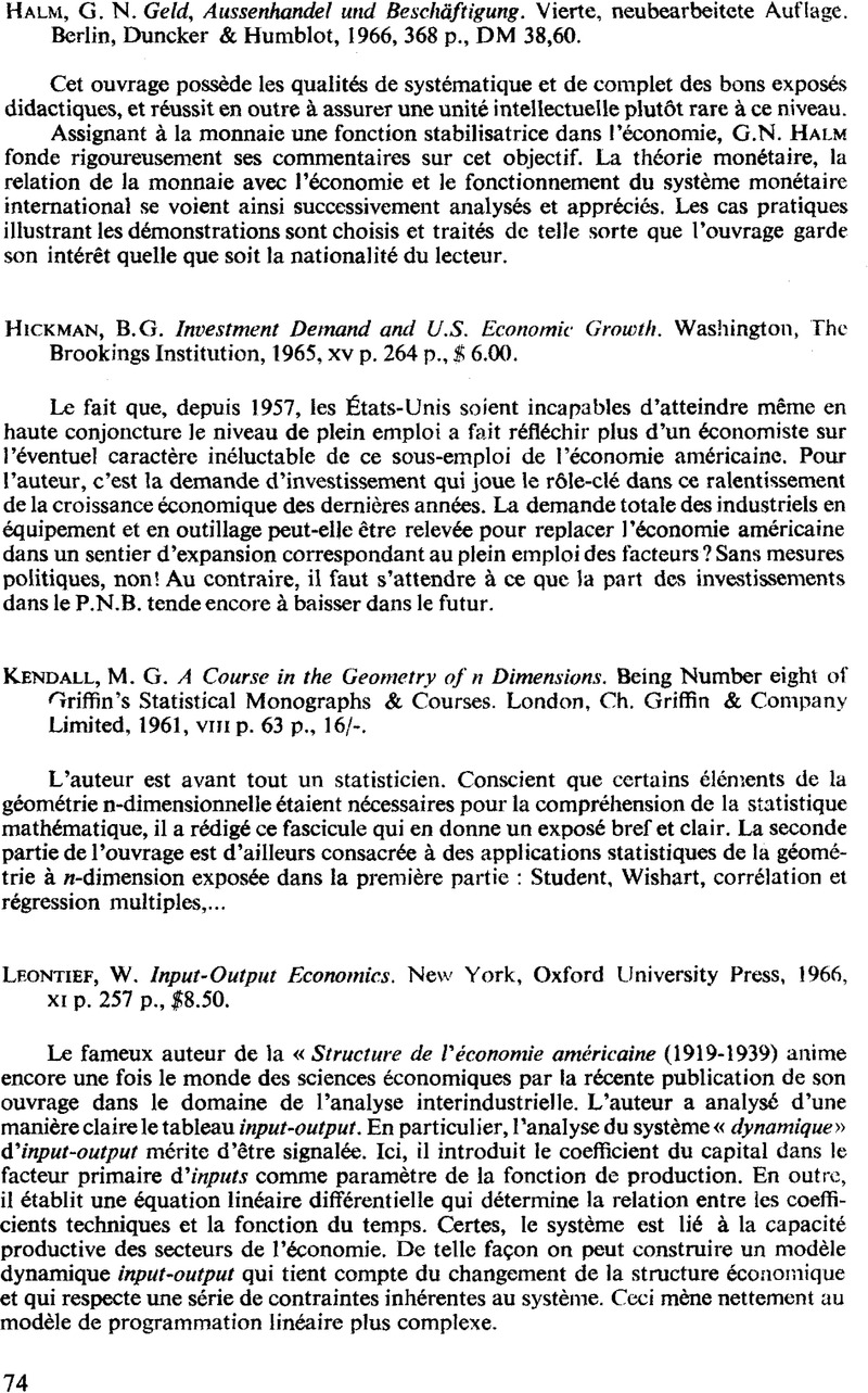 W Leontief Input Output Economics New York Oxford University Press 1966 Xi P 257 P 8 50 Recherches Economiques De Louvain Louvain Economic Review Cambridge Core