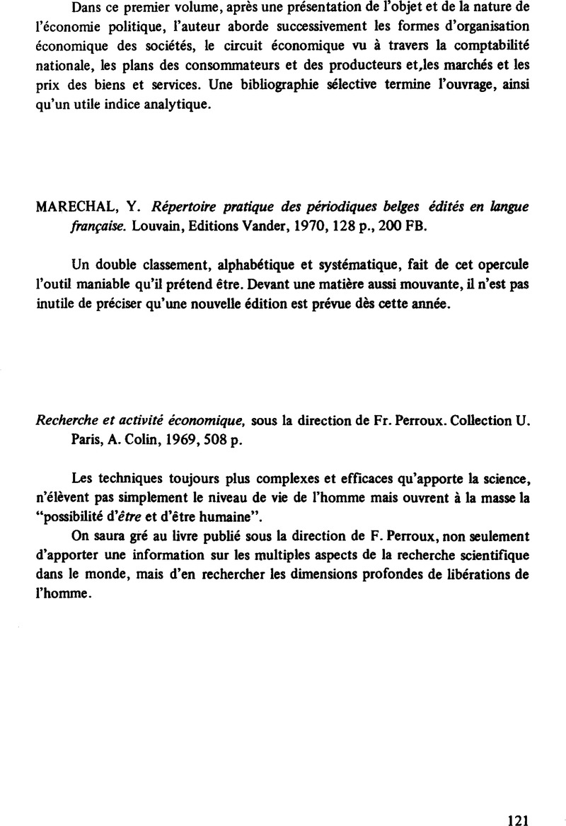 Recherche Et Activite Economique Sous La Direction De Fr Perroux Collection U Paris A Colin 1969 508 P Recherches Economiques De Louvain Louvain Economic Review Cambridge Core