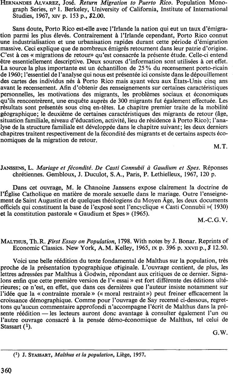Th R Malthus First Essay On Population 1798 With Notes By J Bonar Reprints Of Economic Classics New York A M Kelley 1965 Ix P 396 P Xxvii 12 50 Recherches Economiques De