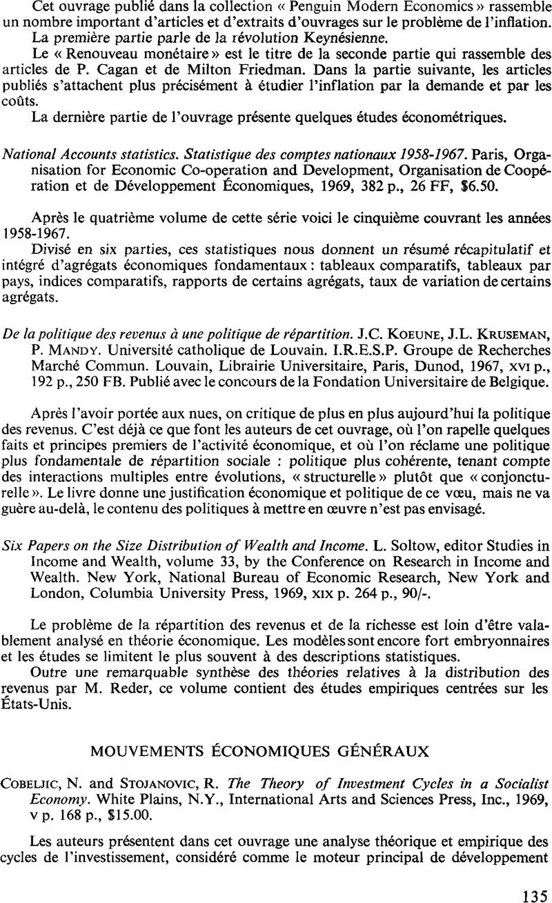 N Cobeljic And R Stojanovic The Theory Of Investment Cycles In A Socialist Economy White Plains N Y International Arts And Sciences Press Inc 1969 Vp 168 P 15 00 Recherches Economiques De