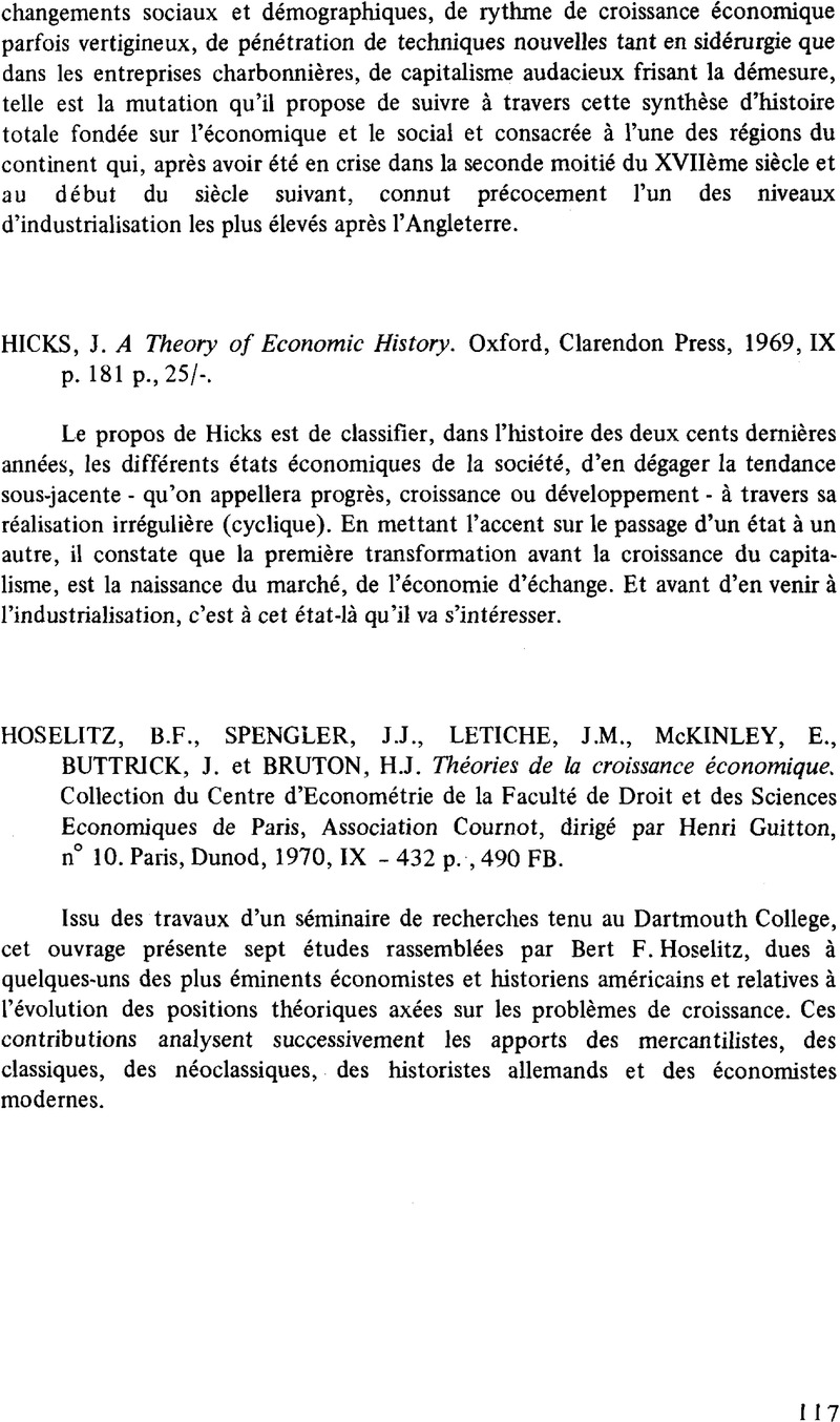 J Hicks A Theory Of Economic History Oxford Clarendon Press 1969 Ix P 181 P 25 Recherches Economiques De Louvain Louvain Economic Review Cambridge Core