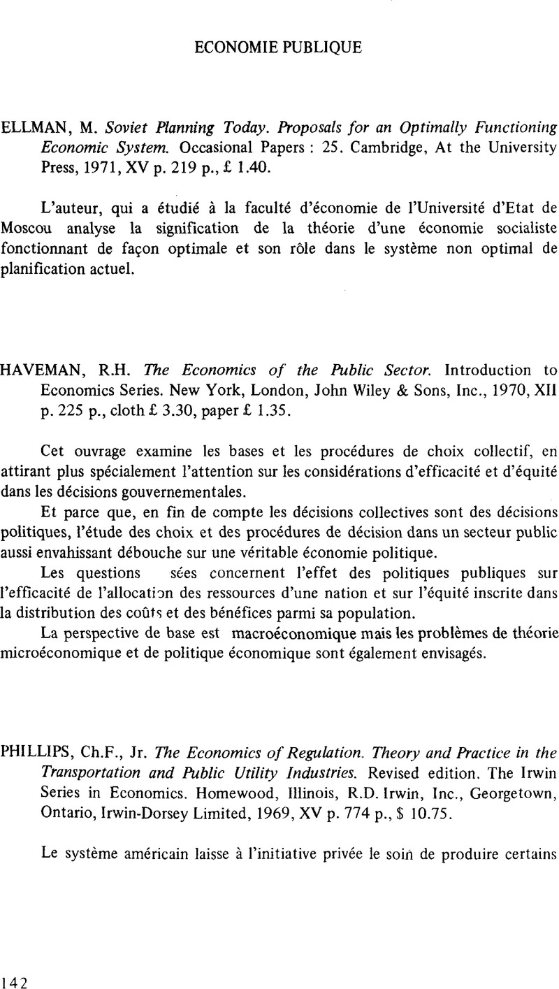 R H Haveman The Economics Of The Public Sector Introduction To Economics Series New York London John Wiley Sons Inc 1970 Xii P 225 P Cloth 3 30 Paper 1 35