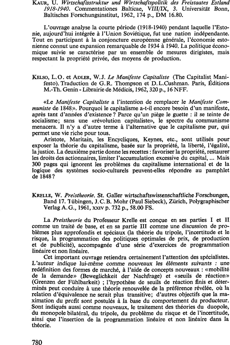 W Krelle Preistheorie St Galler Wirtschaftswissenschaftliche Forschungen Band 17 Tubingen J C B Mohr Paul Siebeck Zurich Polygraphischer Verlag A G 1961 Xxiv P 732 P 58 00 Fs Recherches Economiques De Louvain Louvain Economic