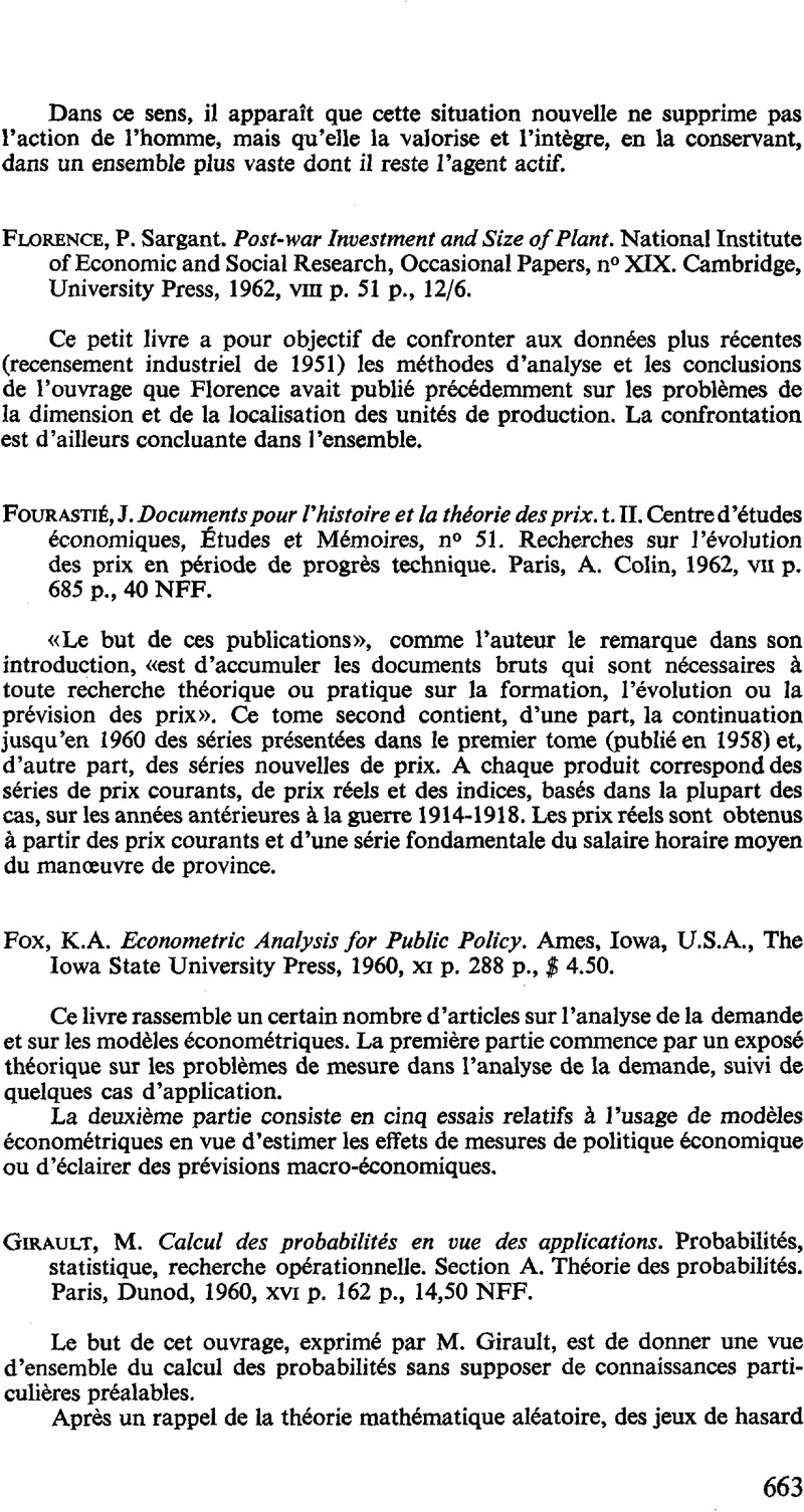 P Sargant Florence Post War Investment And Size Of Plant National Institute Of Economic And Social Research Occasional Papers N Xix Cambridge University Press 1962 Viii P 51 P 12 6 Recherches Economiques