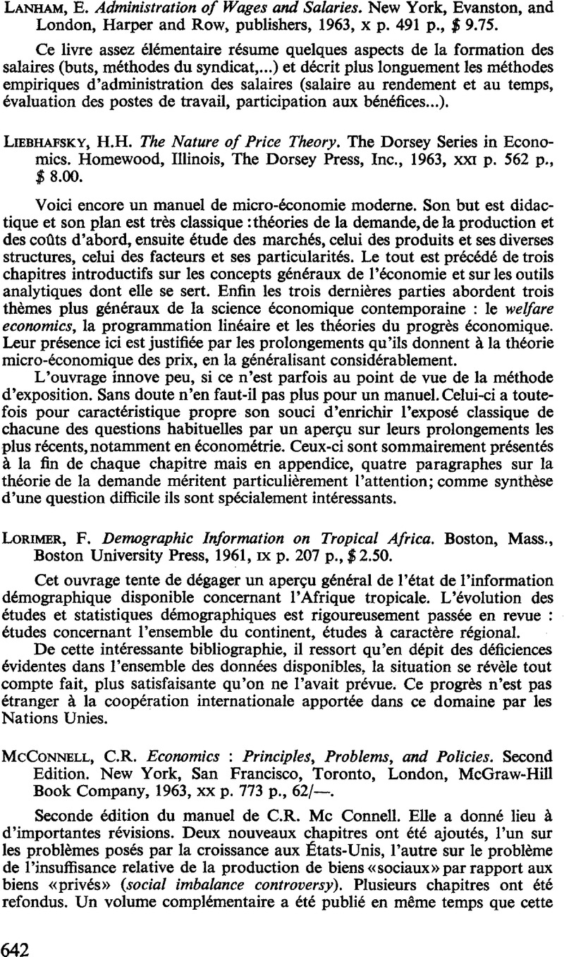 F. Lorimer Demographic Information on Tropical Africa. Boston, Mass.,  Boston University Press, 1961, ix p. 207, p., $2.50., Recherches  Économiques de Louvain/ Louvain Economic Review