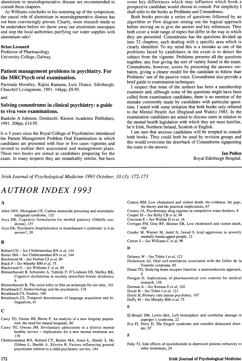 Author Index 1993 Irish Journal Of Psychological Medicine Cambridge Core