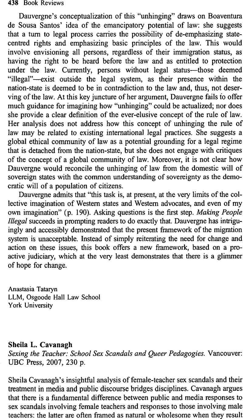 Sheila L. Cavanagh Sexing the Teacher: School Sex Scandals and Queer  Pedagogies. Vancouver: UBC Press, 2007, 230 p. | Canadian Journal of Law  and Society / La Revue Canadienne Droit et Société | Cambridge Core