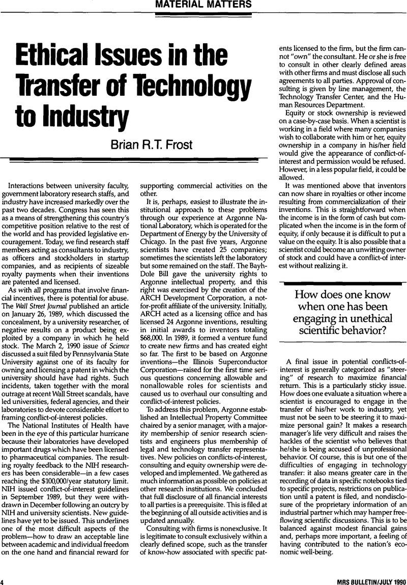 Ethical Issues in the Transfer of Technology to Industry | MRS Bulletin ...