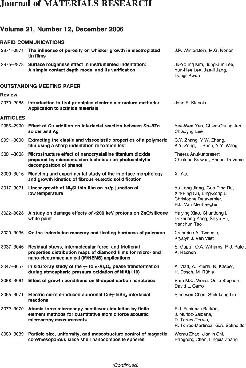 Jmr Volume 21 Issue 12 Front Matter Journal Of Materials Research Cambridge Core