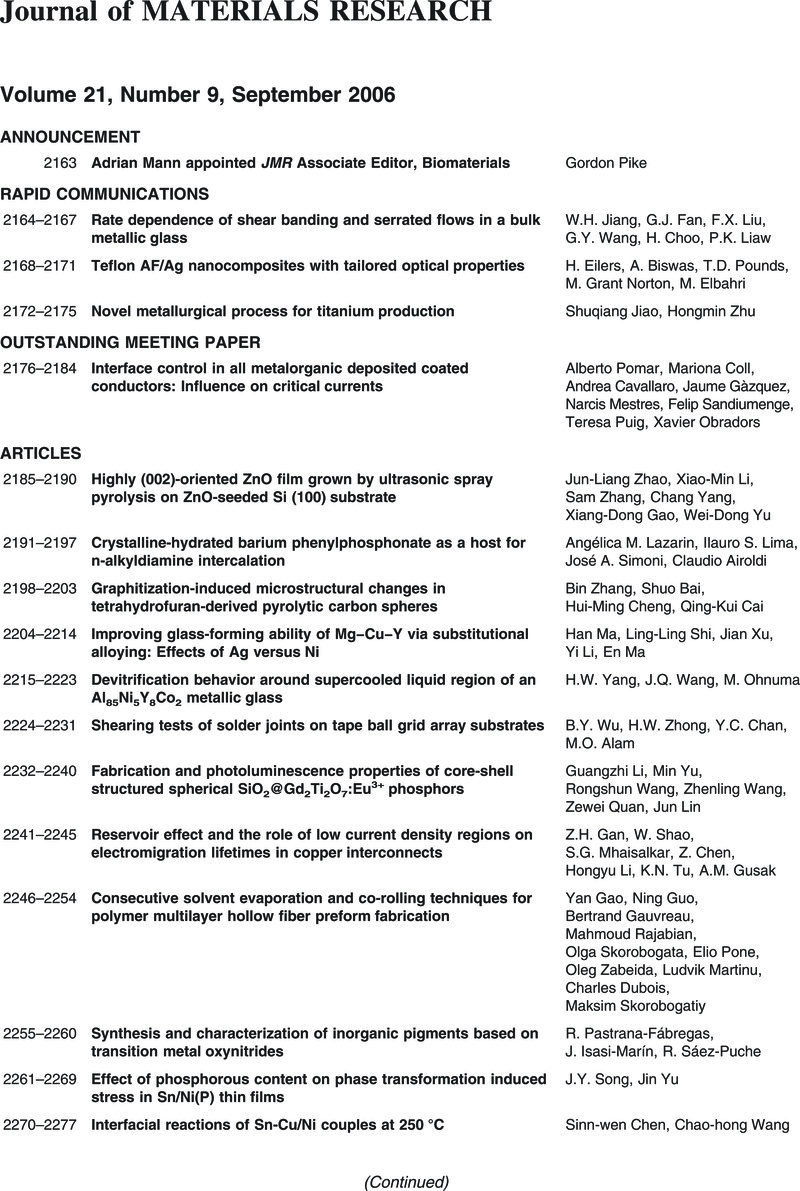 Jmr Volume 21 Issue 9 Front Matter Journal Of Materials Research Cambridge Core