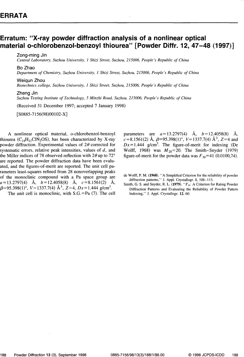 Erratum X Ray Powder Diffraction Analysis Of A Nonlinear Optical Material O Chlorobenzol Benzoyl Thiourea Powder Diffr 12 47 48 1997 Powder Diffraction Cambridge Core