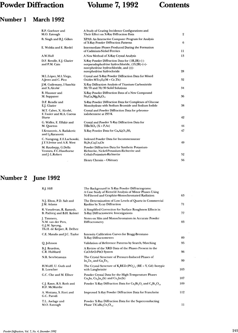 Volume 7 1992 Contents Powder Diffraction Cambridge Core