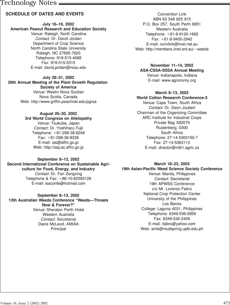 Schedule of Dates and Events | Weed Technology | Cambridge Core