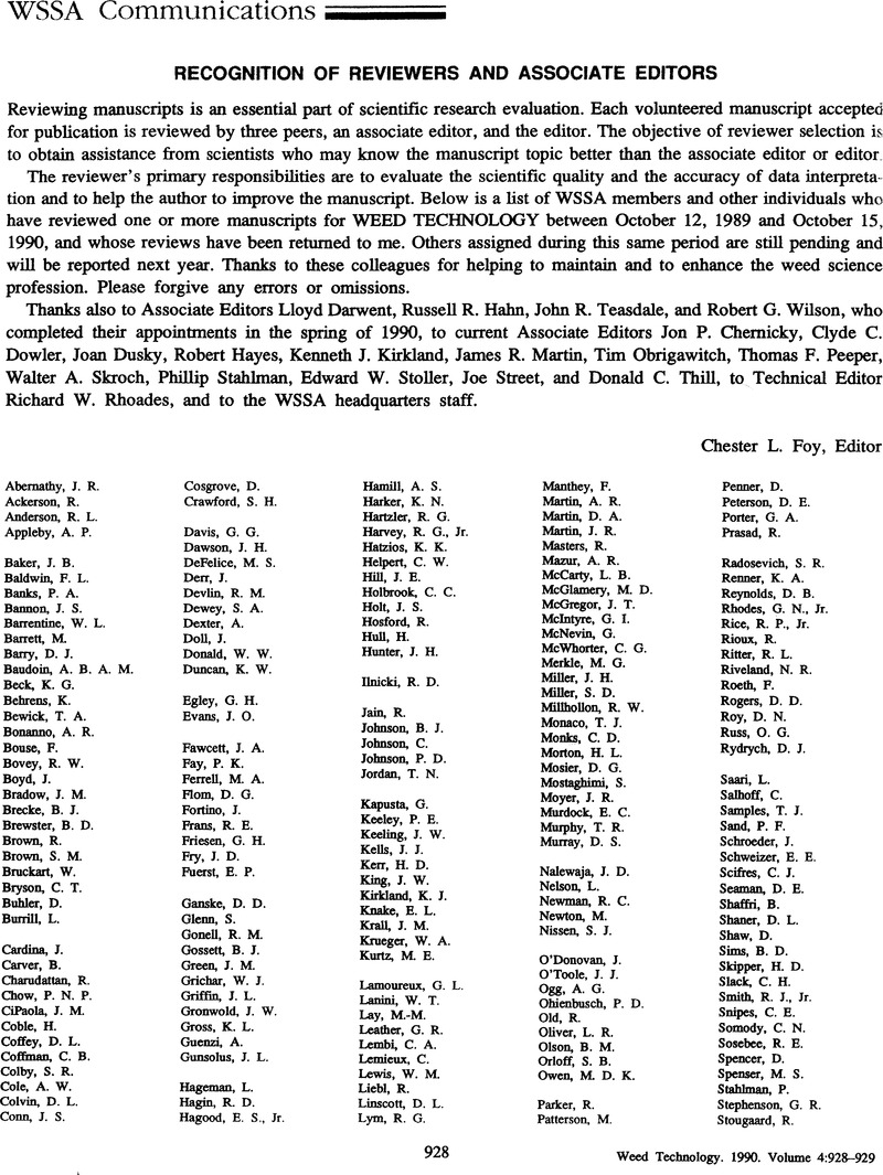 Recognition Of Reviewers And Associate Editors Weed Technology Cambridge Core