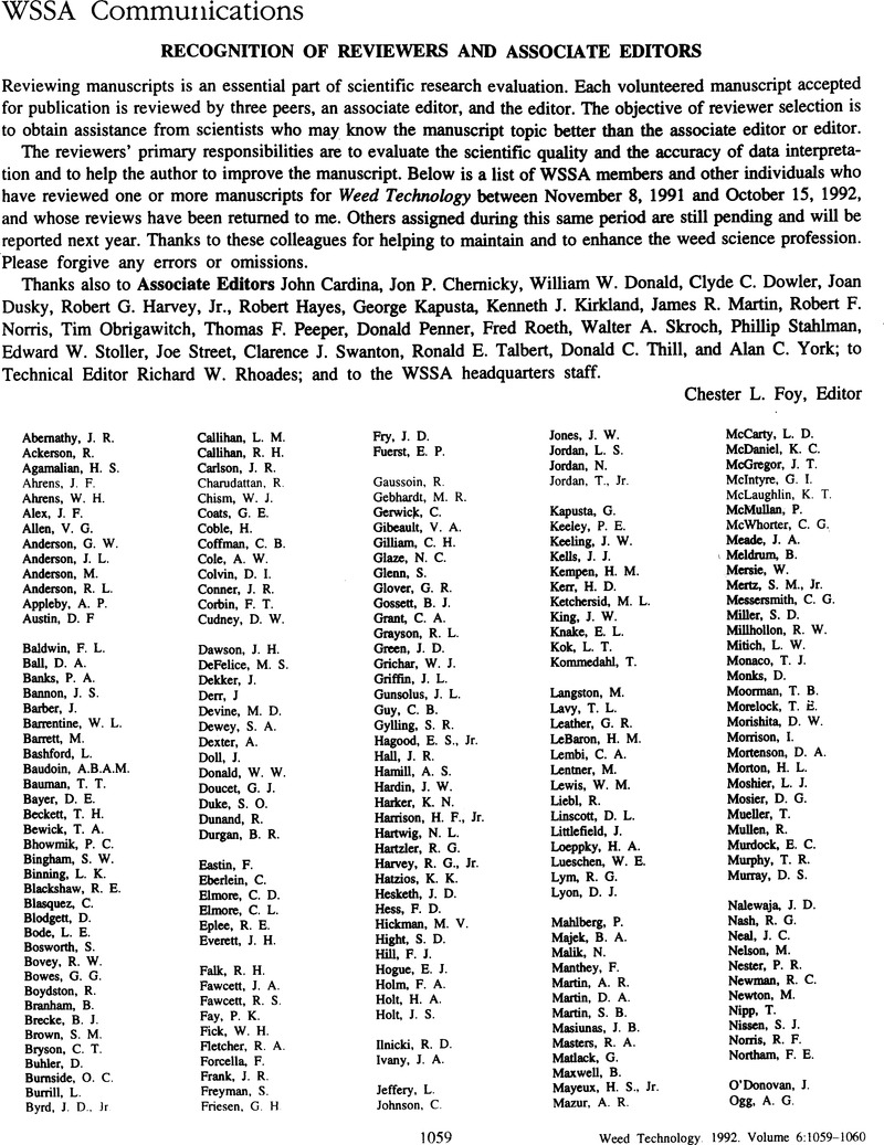 Recognition Of Reviewers And Associate Editors Weed Technology Cambridge Core